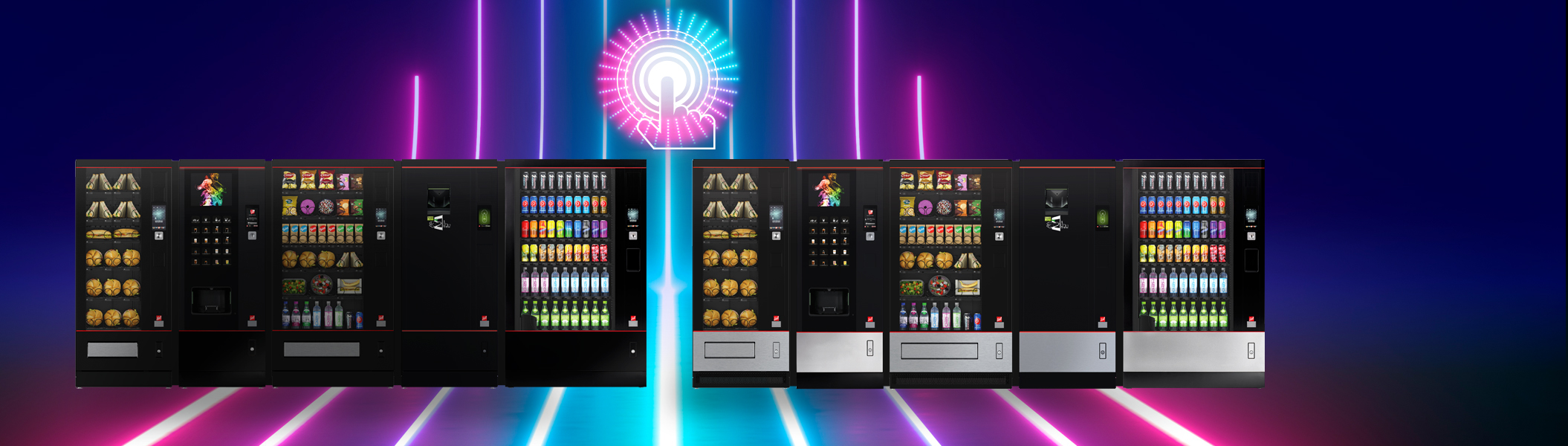 SiLine<sup>®</sup>-Serie Sielaff-Automaten der Serie SiLine vor abstraktem Hintergrund mit Neonröhren